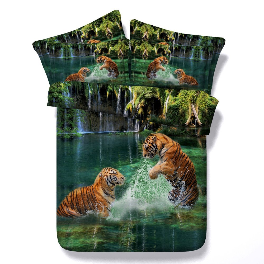 3D Playing Water Tiger Bedding Set Animal Print Quilt Duvet Cover Bedspreads Bed Sheet King Size Queen Twin 4PCS (King)