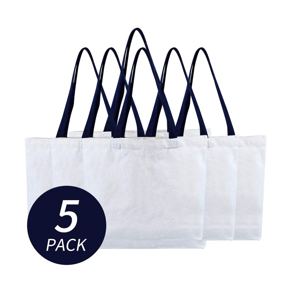 Azuca Large Canvas Bag Grocery Tote Beach Shopping 12 oz Multi Purpose Washable - 20.5 x 14.5 x4.5 inch, 5 Pack