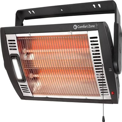Comfort Zone 1500W Ceiling Mounted Dual Quartz Radiant Heater  Infrared Workshop Heater with 90 Adjustable Tilt, Built-in Halogen Light & Pull String Control  Overheat Protection, Black