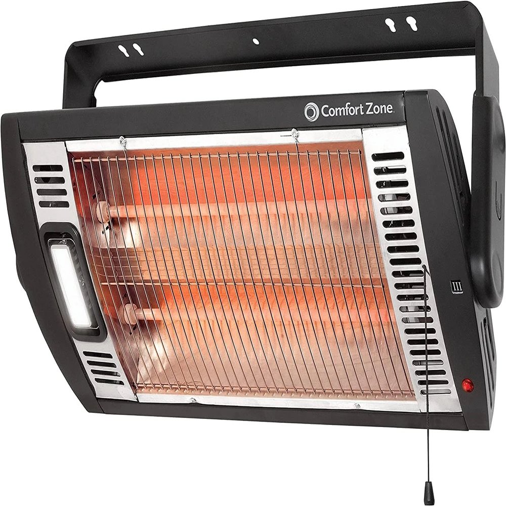 Comfort Zone 1500W Ceiling Mounted Dual Quartz Radiant Heater  Infrared Workshop Heater with 90 Adjustable Tilt, Built-in Halogen Light & Pull String Control  Overheat Protection, Black