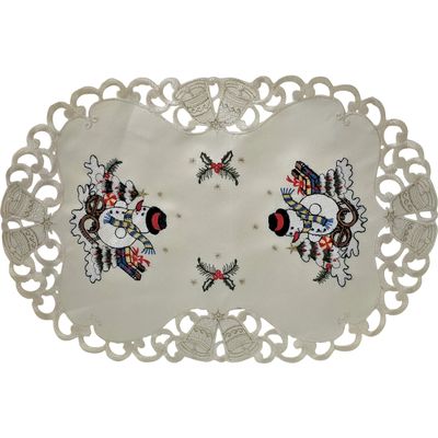 Doily Boutique Christmas Place Mat or Doily with a Snowman on Ivory Material Size 11 x 17 inches