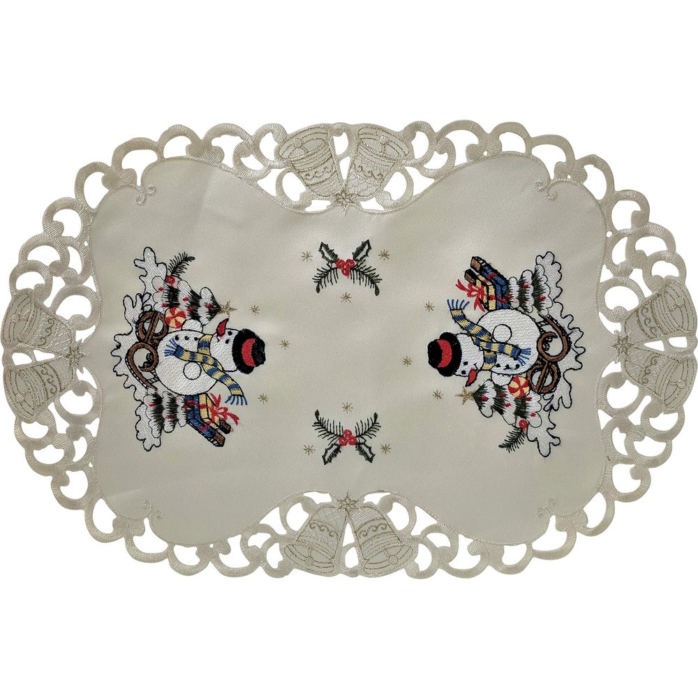 Doily Boutique Christmas Place Mat or Doily with a Snowman on Ivory Material Size 11 x 17 inches