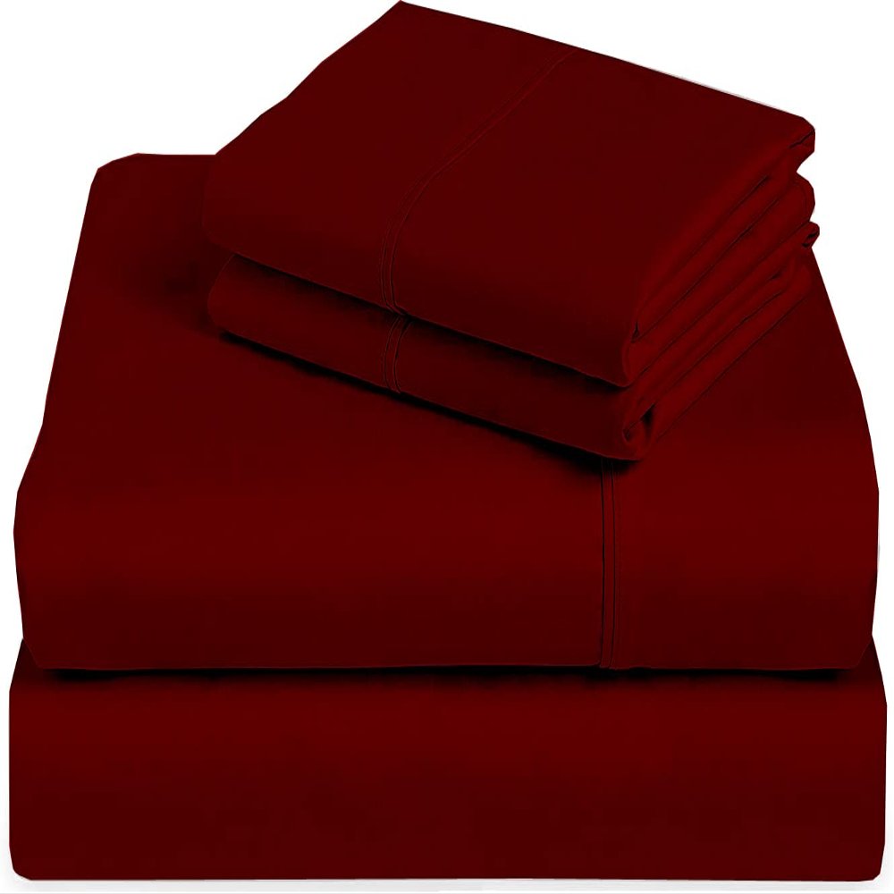 4 Piece Premium Sheet Set-Cotton Bed Sheets Twin Size -100% Cotton-300 Thread Count-15 Inch Deep Pocket Fitted Sheet with Elastic All Around- Soft & Luxurious Hotel Quality Sheets (Burgundy Solid)