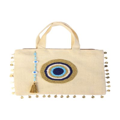 Tote Bag for Women with Handmade Crochet Evil Eye Natural Jute Beach Bag Waterproof Lining Off-White