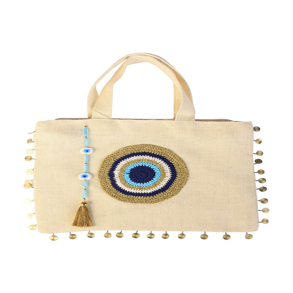 Tote Bag for Women with Handmade Crochet Evil Eye Natural Jute Beach Bag Waterproof Lining Off-White