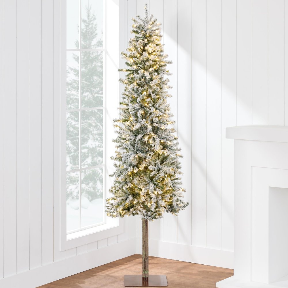 Best Choice Products Flocked Pencil Christmas Tree 7.5ft Pre-lit Alpine Slim Holiday Decoration, Lighted Skinny Dcor LED Lights, Metal Stand