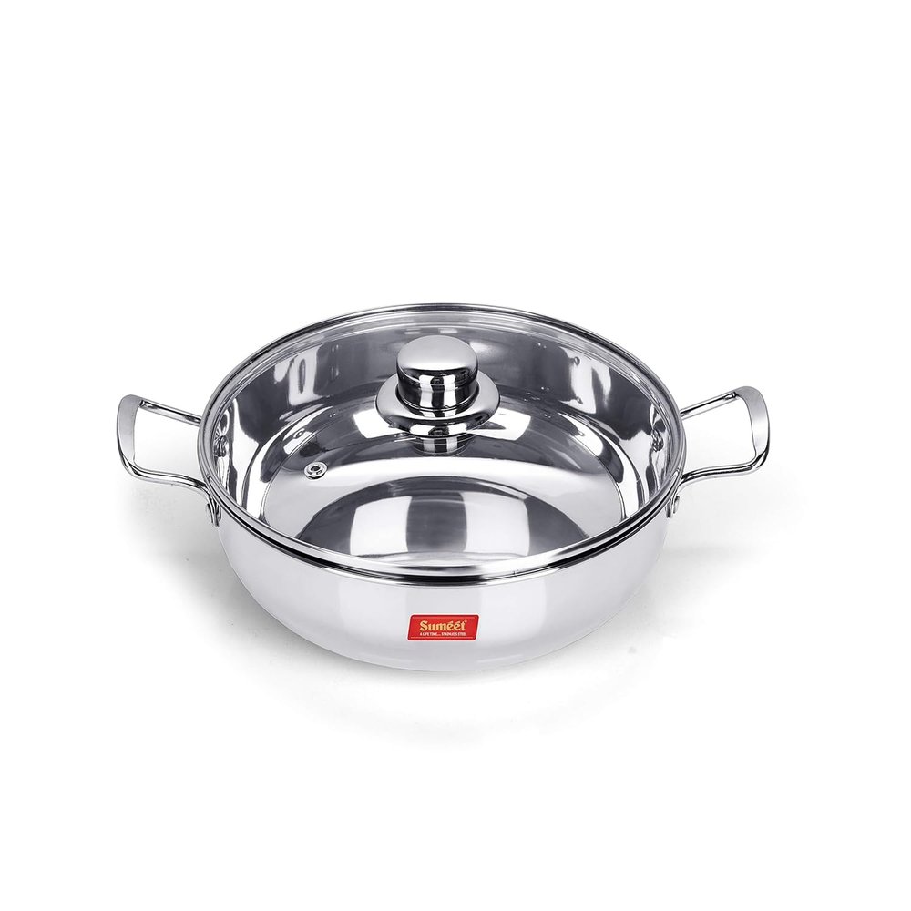 Sumeet Stainless Steel Induction Bottom (Encapsulated Bottom) Kadhai With Glass Lid Size No.12 (1.9 LTR) Kadhai 22 cm with Lid