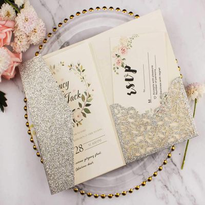 25pcs 5"x7.28" Silver Glitter Vine Tri Fold Pocketfold Wedding Invitations Cards pocket Pearl Paper Laser Cut Hollow Carving Greeting invites Covers only no envelope no insert (silver glitter cover)