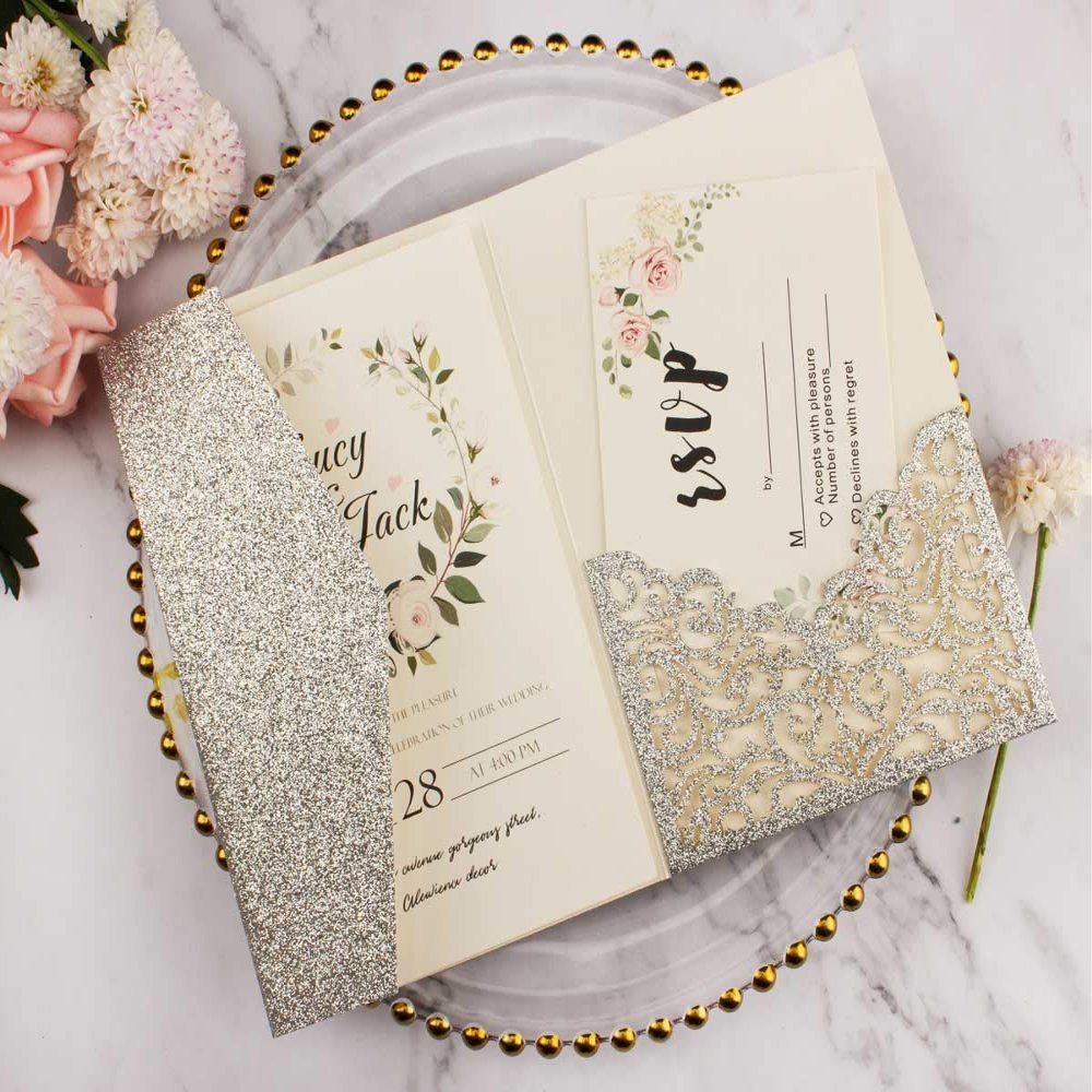 25pcs 5"x7.28" Silver Glitter Vine Tri Fold Pocketfold Wedding Invitations Cards pocket Pearl Paper Laser Cut Hollow Carving Greeting invites Covers only no envelope no insert (silver glitter cover)