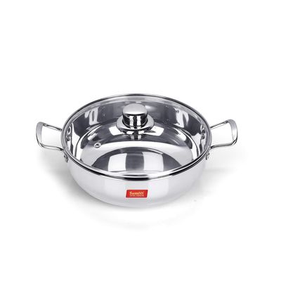 Sumeet Stainless Steel kadhai with Glass lid 1.5 litres Capacity 20.5 x 20.5 x 6.6 Centimeters 2 Piece (Induction and Gas Stove Friendly)