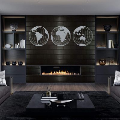 DEKADRON Silver Grey Metal World Map Wall Art, Metal World Map Three Globes, Round Metal World Map Wall Art, Metal Wall Decor, Metal Sign, Wall Hangings (28 Inch)
