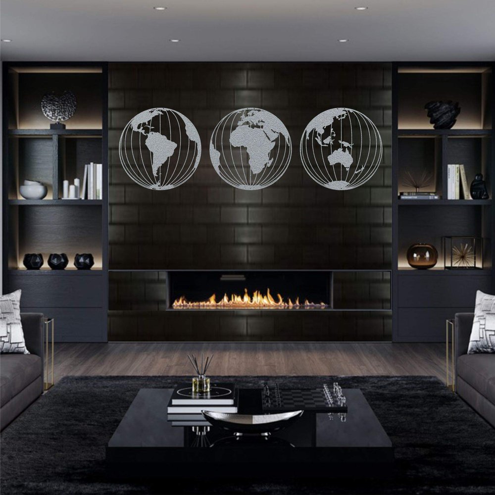 DEKADRON Silver Grey Metal World Map Wall Art, Metal World Map Three Globes, Round Metal World Map Wall Art, Metal Wall Decor, Metal Sign, Wall Hangings (28 Inch)