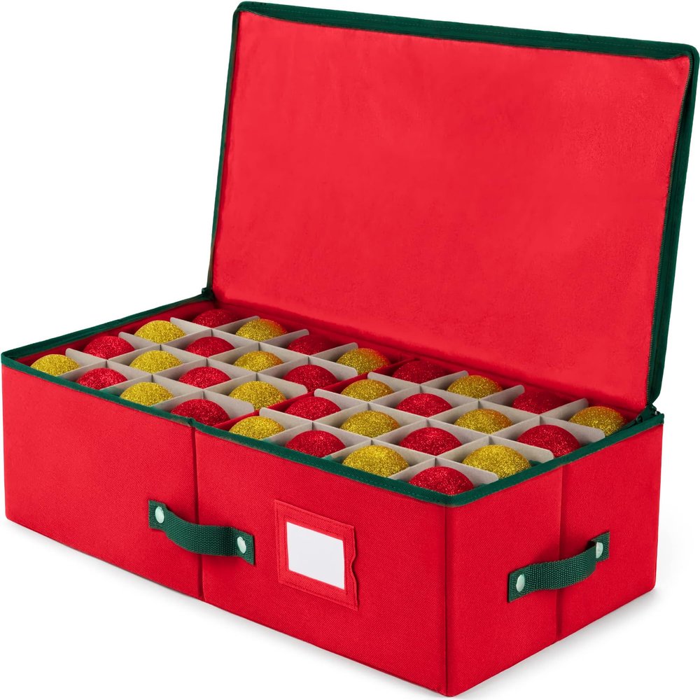 ZOBER Underbed Christmas Ornament Storage Box - Stores 64 3" Ornaments, With Dividers - Tear Proof 600D Oxford Fabric, Ornament Organizer Storage Box, Durable Christmas Containers Holder - Red