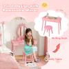 Costzon Kids Vanity, Girls Vanity Set with Mirror and Cushioned Stool, Drawer, 2 in 1 Wooden Toddler Makeup Vanity Desk Dressing Table, Kids Vanity Table and Chair Set (Pink) view 2