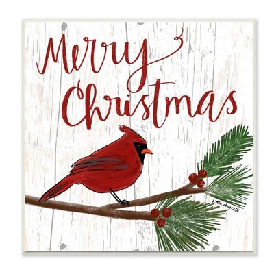 Stupell Industries Merry Christmas Red Bird Wood Texture Holiday Word Design Wall Plaque, Multi-Color