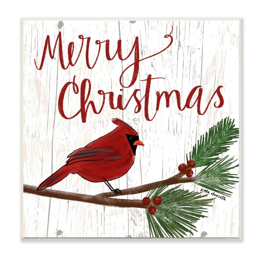 Stupell Industries Merry Christmas Red Bird Wood Texture Holiday Word Design Wall Plaque, Multi-Color
