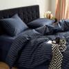 Wake In Cloud - Striped Cotton Duvet Cover Set, Ticking Stripe Vertical Pinstripe Farmhouse, 100% Washed Cotton Textured Percale Bedding Set, 3 Pieces, Navy Blue, Queen Size view 1