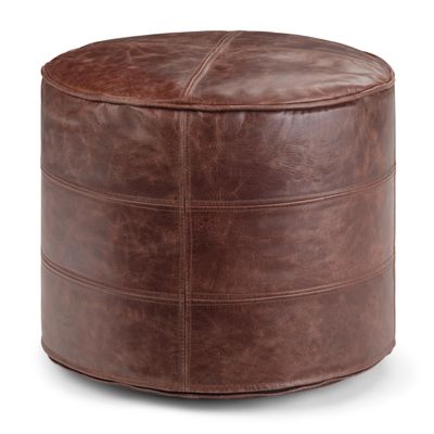 SIMPLIHOME Connor Round Pouf - 18 inch Wide Upholstered Genuine Leather Ottoman in Distressed Brown, Boho Footstool or Extra Seating for Living Room or Bedroom with Polystyrene Filling, Assembled