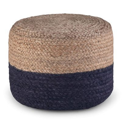 SIMPLIHOME Lydia Round Pouf - 18 inch Wide Hand Braided Jute Ottoman in Navy and Natural, Boho Footstool or Extra Seating for Living Room or Bedroom with Polystyrene Bead Filling, Assembled