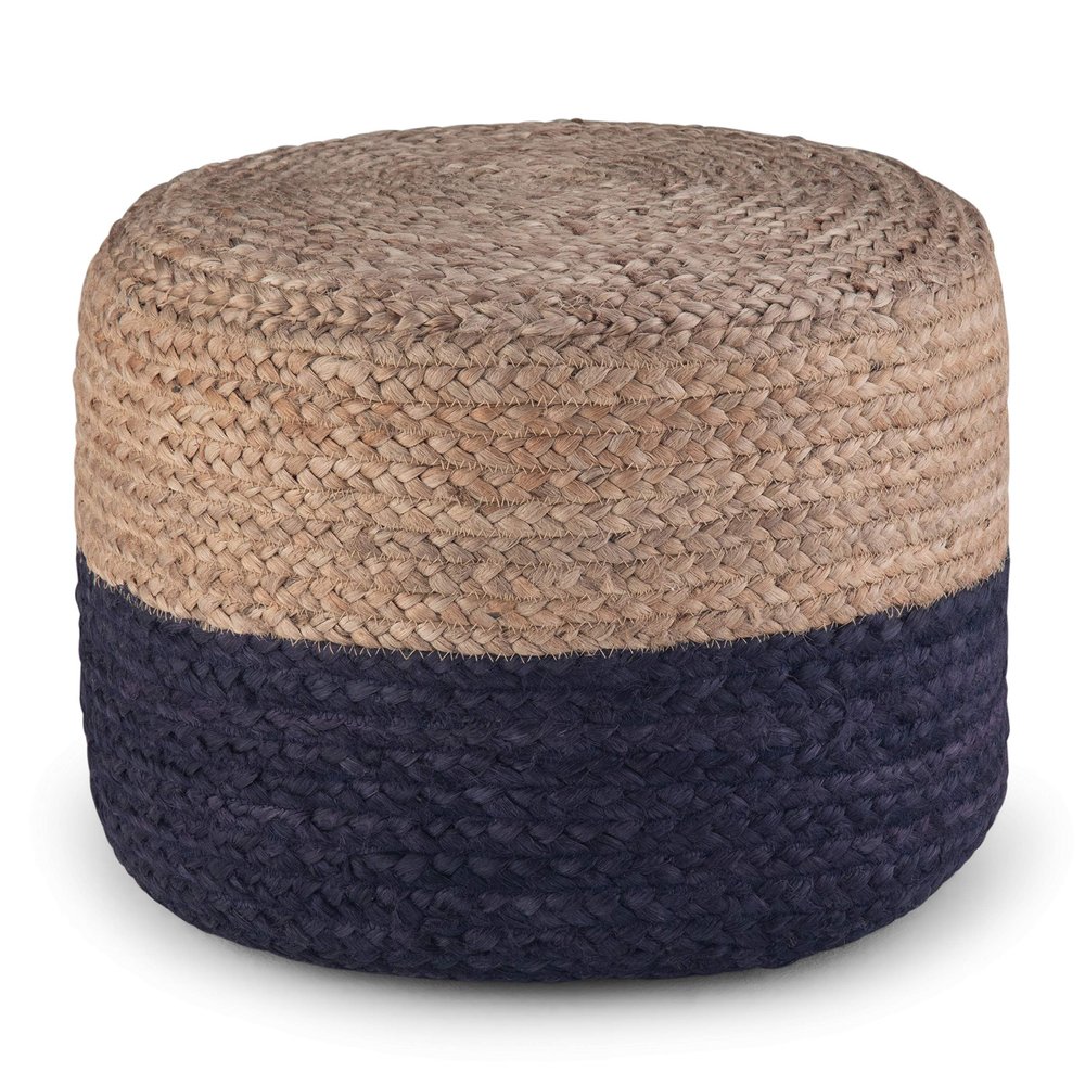 SIMPLIHOME Lydia Round Pouf - 18 inch Wide Hand Braided Jute Ottoman in Navy and Natural, Boho Footstool or Extra Seating for Living Room or Bedroom with Polystyrene Bead Filling, Assembled
