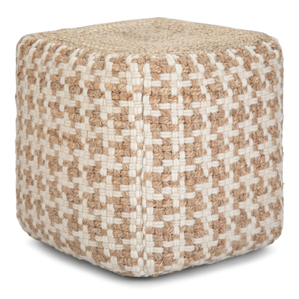 SIMPLIHOME Cullen Boho Cube Pouf in Natural Woven Wool and Jute for the Living Room, Bedroom and Kids Room