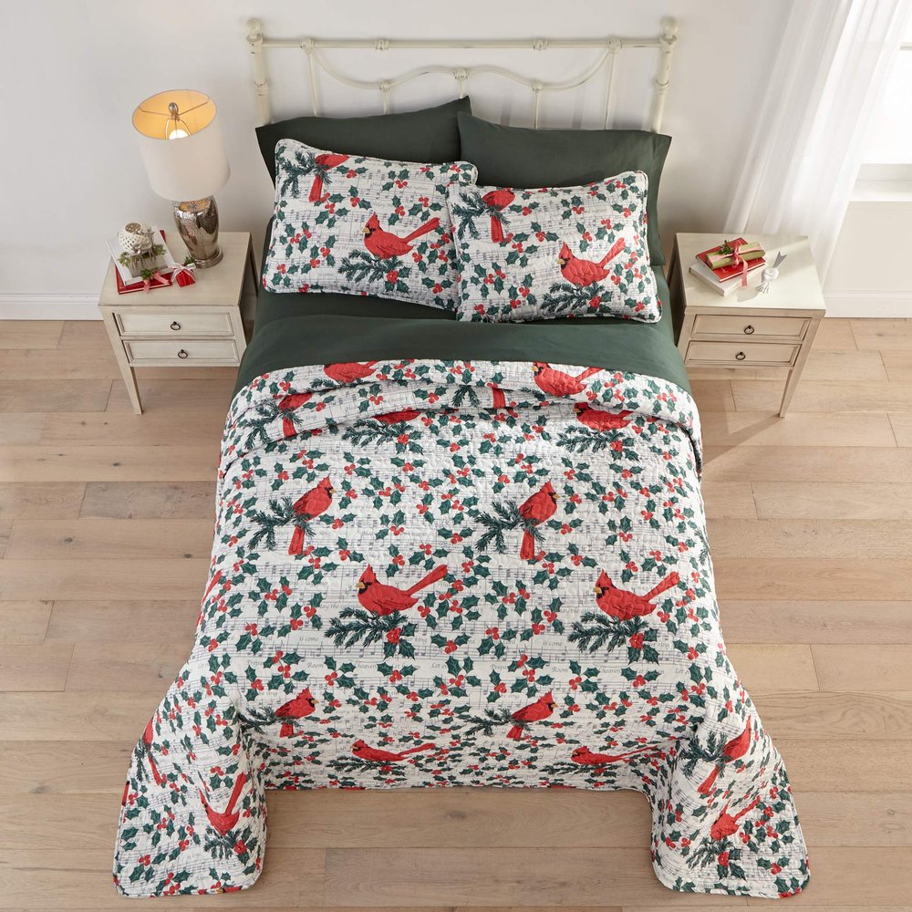 BrylaneHome 3 Piece Microfleece Christmas Bedspread Set - King, Cardinal