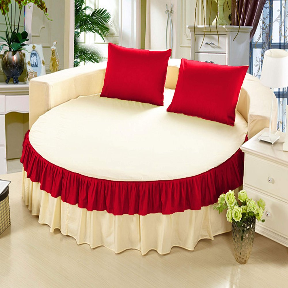 3 Piece Solid 15" Deep Pocket Ruffle Bed Skirt for Round Bed with Pillowcase 600TC Egyptian Cotton (Rted and Ivory, King 92" Diameter)