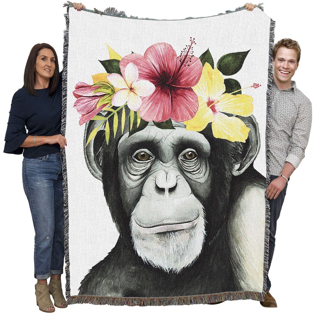 Monkey Flower Crown Blanket by Grace Popp - Cute Funny Gift Tapestry Throw Woven from Cotton - Made in the USA (72x54)