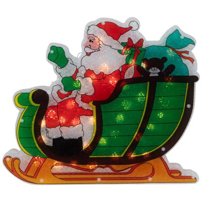 17" Pre-Lit Green and Red Holographic Santa in Sleigh Christmas Window Silhouette Decoration