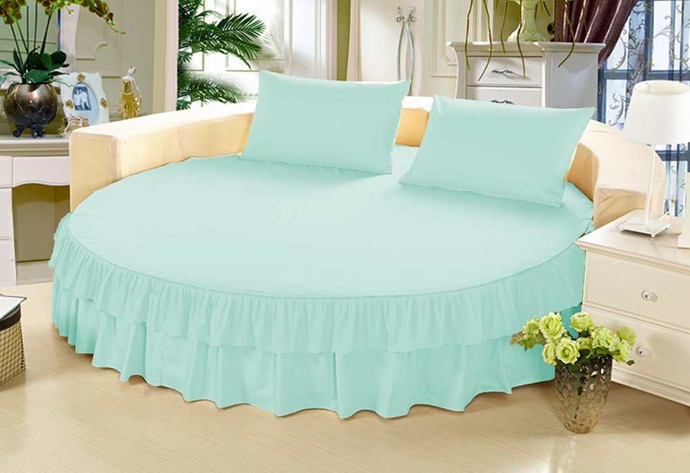 1 Piece Solid 15" Deep Pocket Double Ruffle Bed Skirt/Bed Spread for Round Bed 600TC Egyptian Cotton (Aqua, Queen 88" Diameter)