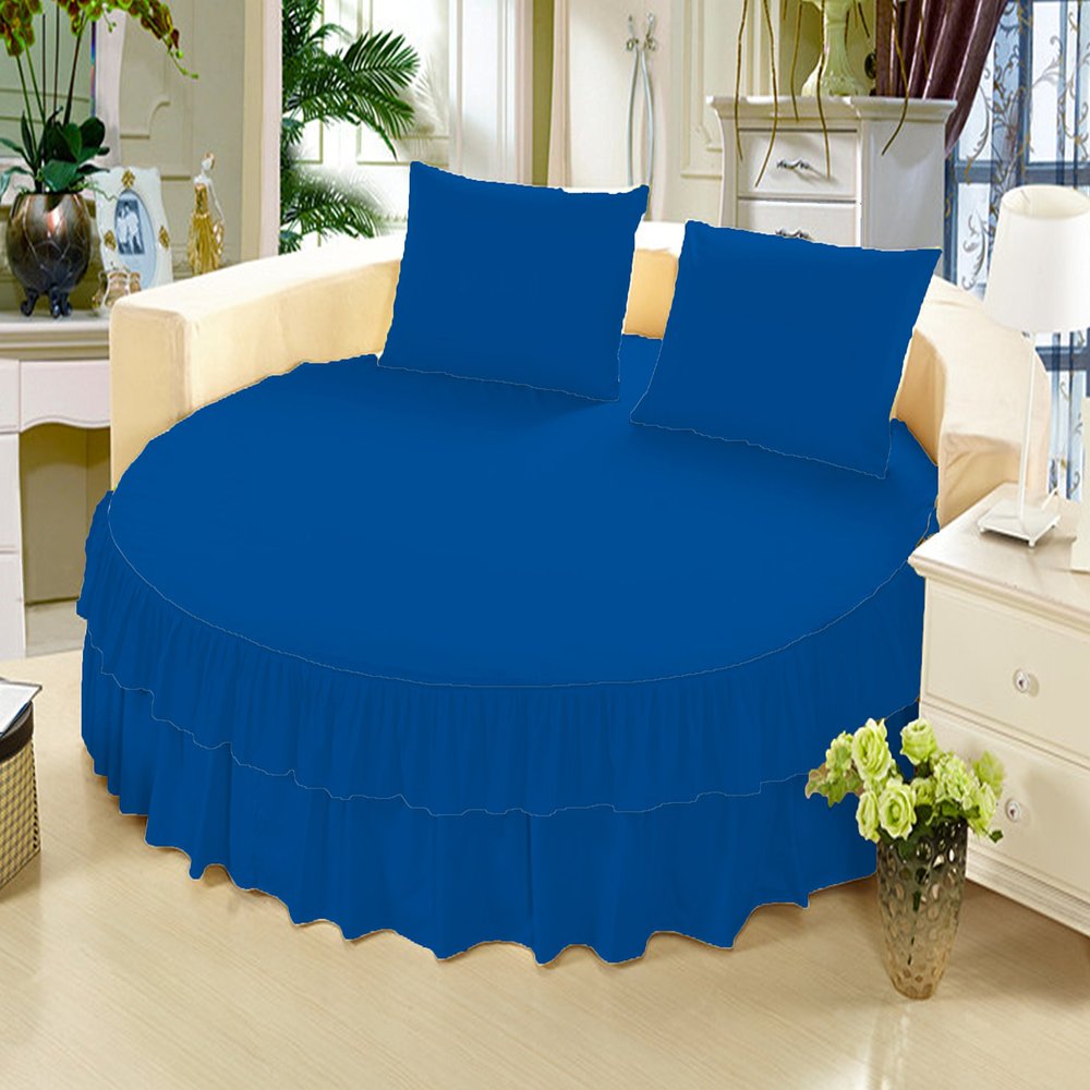 1 Piece Solid 15" Deep Pocket Double Ruffle Bed Skirt/Bed Spread for Round Bed 600TC Egyptian Cotton (Blue, Twin 76" Diameter)