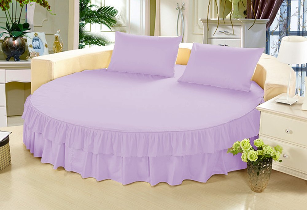 1 Piece Solid 15" Deep Pocket Double Ruffle Bed Skirt/Bed Spread for Round Bed 600TC Egyptian Cotton (Lavender, Queen 88" Diameter)