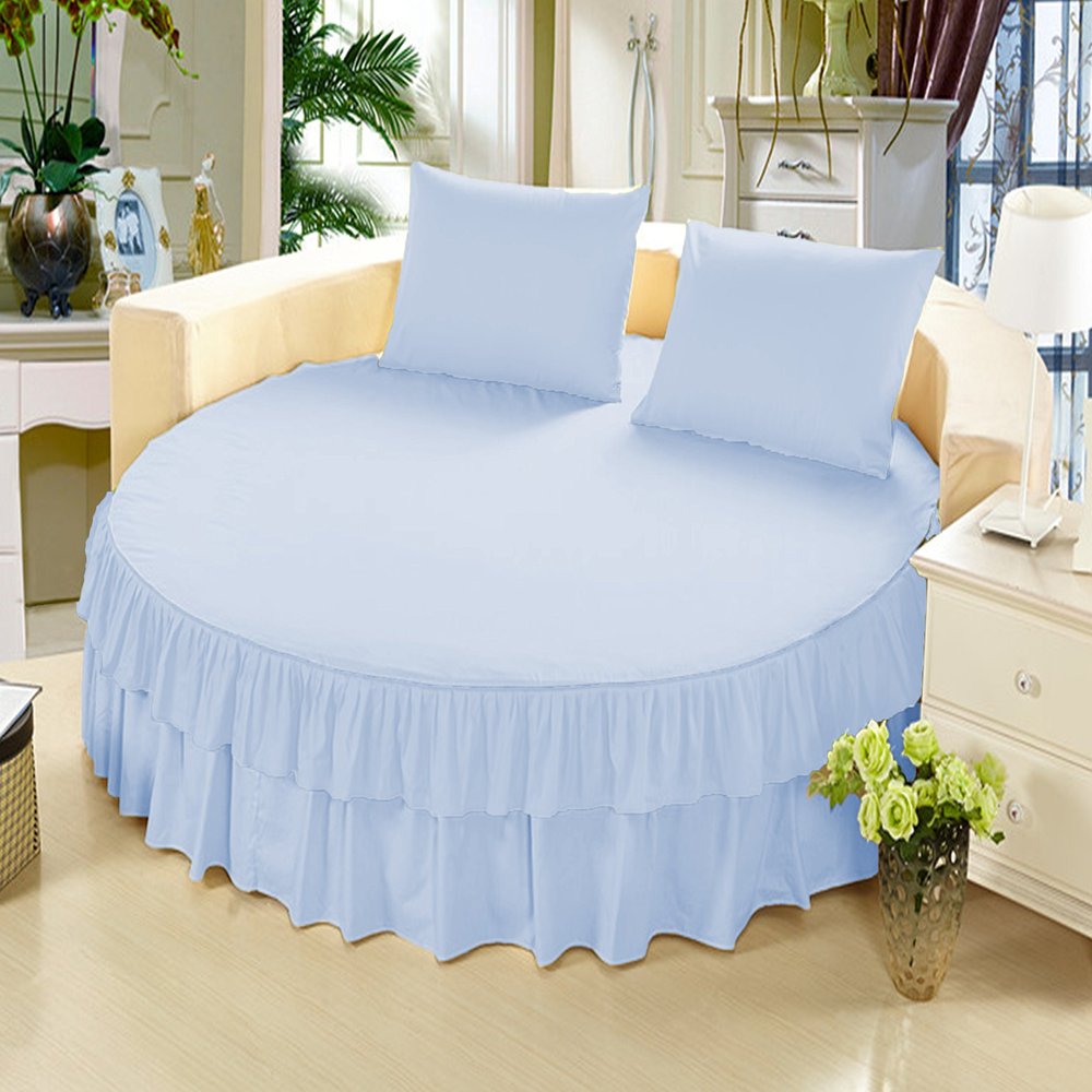 1 Piece Solid 15" Deep Pocket Double Ruffle Bed Skirt/Bed Spread for Round Bed 600TC Egyptian Cotton (Baby Blue, Twin 76" Diameter)