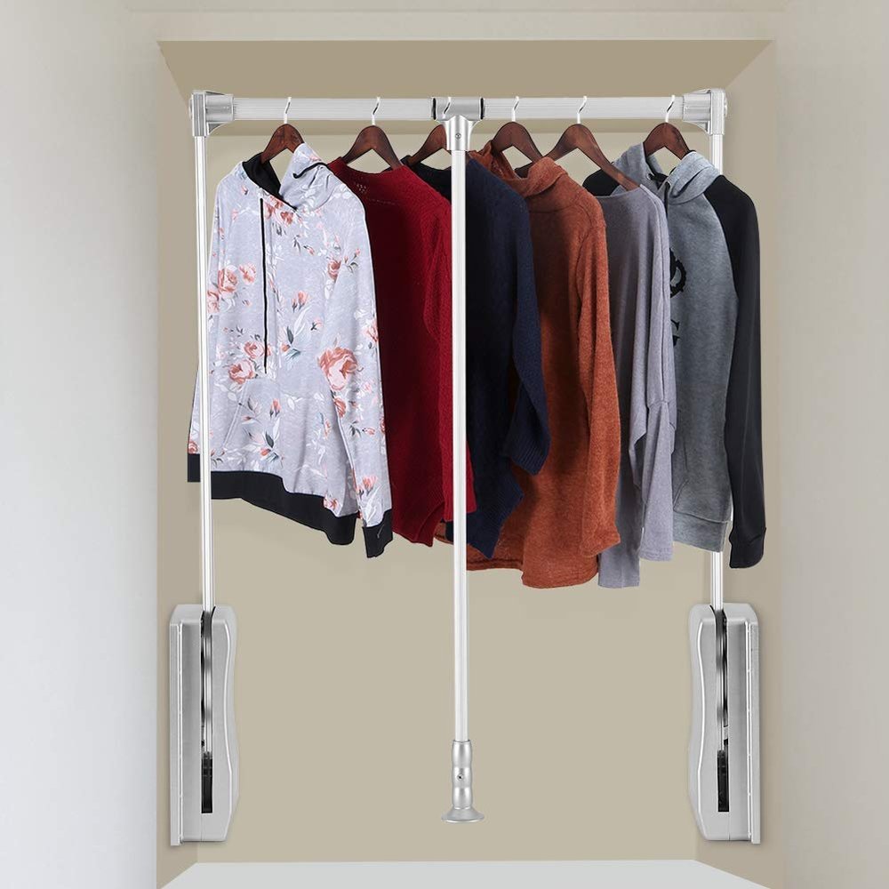 Adjustable Aluminum Closet Rod - Pull Down Space-Saving Wardrobe Rail for Hanging Clothes (600-830mm)