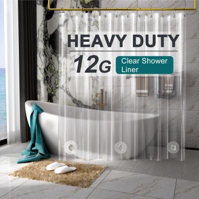 AmazerBath Heavy Duty Shower Curtain Liner 12 Gauge, 72 x 65 Inches Clear Shower Curtain Liner with 3 Clear Stones and 12 Grommet Holes, Weighted Plastic Shower Liner
