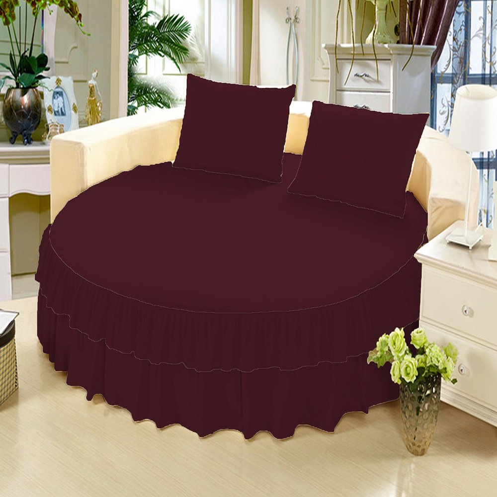 1 Piece Solid 15" Deep Pocket Double Ruffle Bed Skirt/Bed Spread for Round Bed 600TC Egyptian Cotton (Wine, Twin XL 80" Diameter)