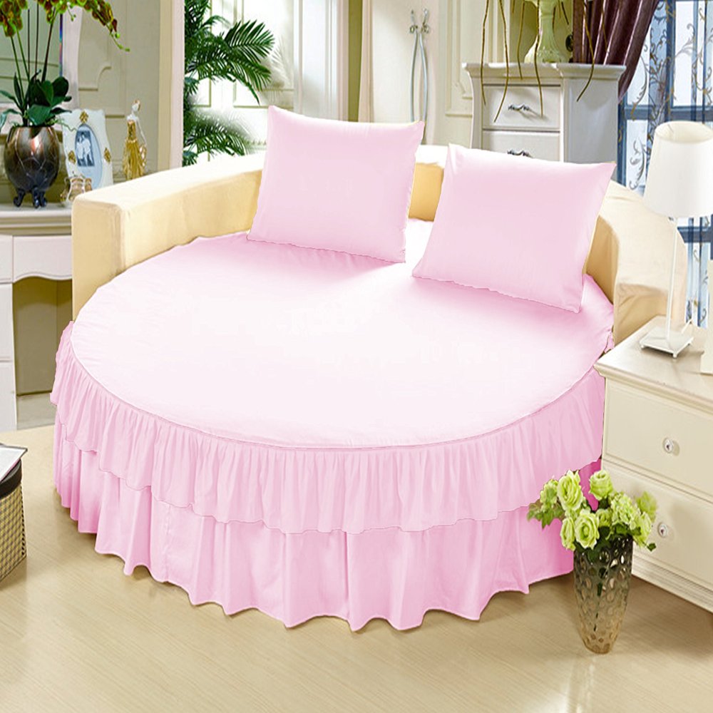 1 Piece Solid 15" Deep Pocket Double Ruffle Bed Skirt/Bed Spread for Round Bed 600TC Egyptian Cotton (Pink, Twin 76" Diameter)