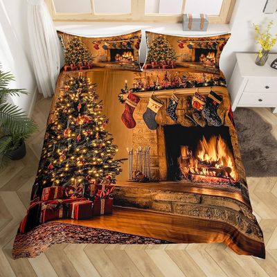 Erosebridal Christmas Queen Bedding Set, Christmas Tree Duvet Cover Xmas Gifts for Kids Adults, Xmas Decorations Bed Set, Rustic Country Quilt Cover Bedroom Decor, 2 Pillowcases (No Comforter)