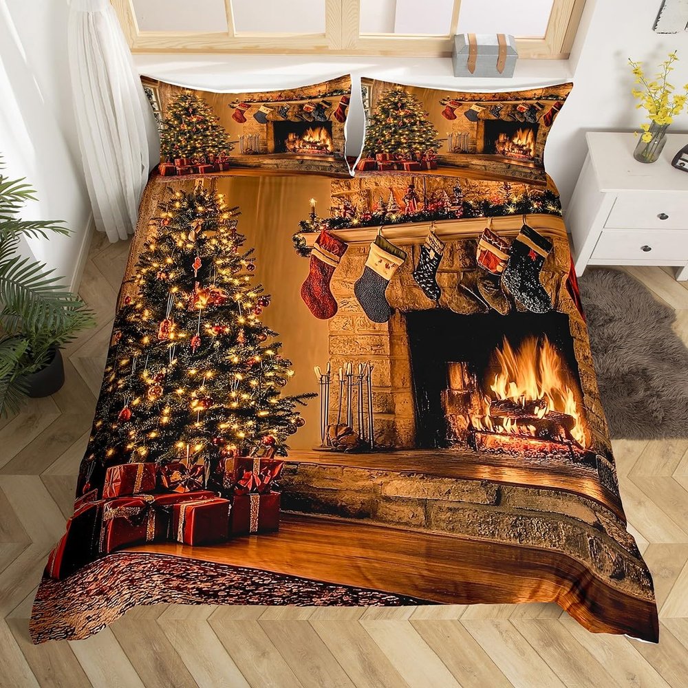 Erosebridal Christmas Queen Bedding Set, Christmas Tree Duvet Cover Xmas Gifts for Kids Adults, Xmas Decorations Bed Set, Rustic Country Quilt Cover Bedroom Decor, 2 Pillowcases (No Comforter)