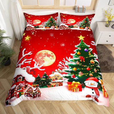 Erosebridal Santa Claus Bedding Set Twin Size Christmas Tree Decor Red Duvet Cover Christmas Warm Theme Bedding Duvet Cover Pattern Snowman Star Decor Soft Bedspread Cover for Adult Teens Kids