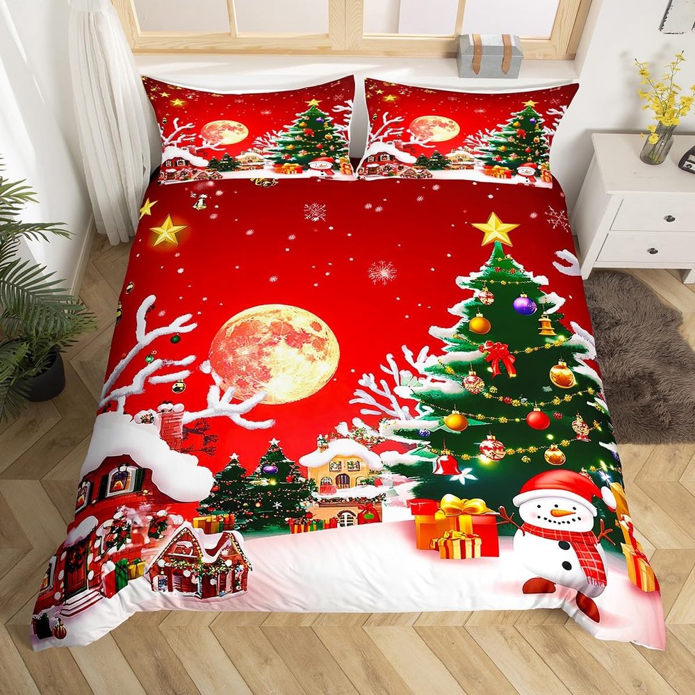 Erosebridal Santa Claus Bedding Set Twin Size Christmas Tree Decor Red Duvet Cover Christmas Warm Theme Bedding Duvet Cover Pattern Snowman Star Decor Soft Bedspread Cover for Adult Teens Kids