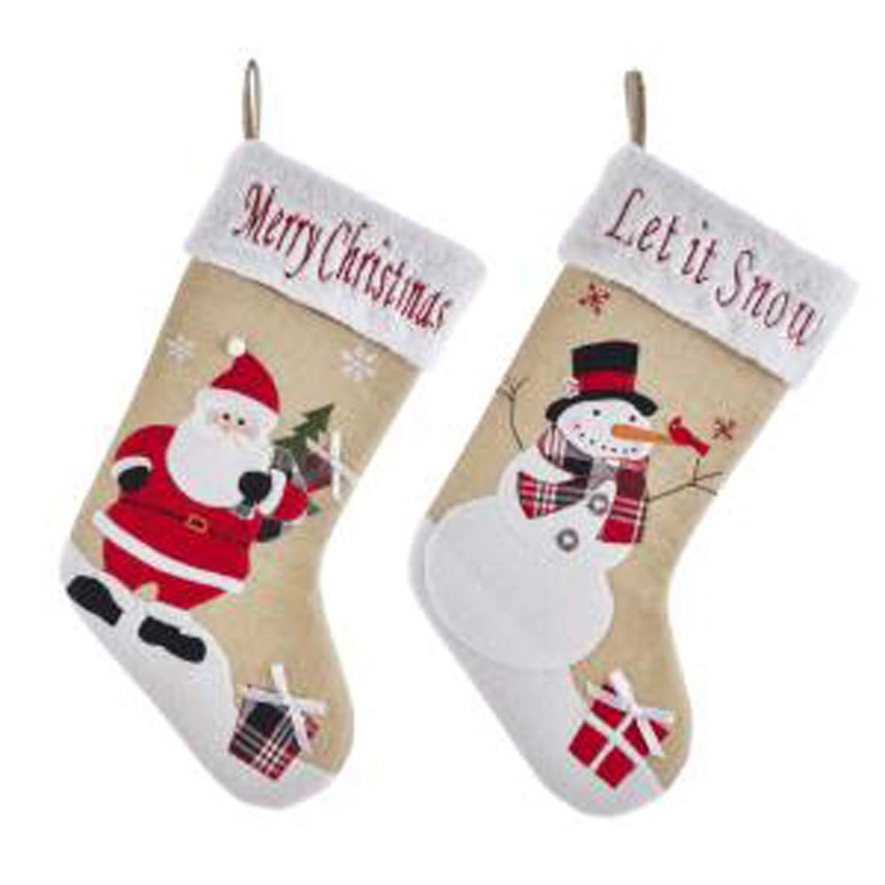 Kurt Adler Merry Christmas Santa Claus Let It Snow Snowman 21 inch Cotton Decorative Hanging Stocking Set of 2