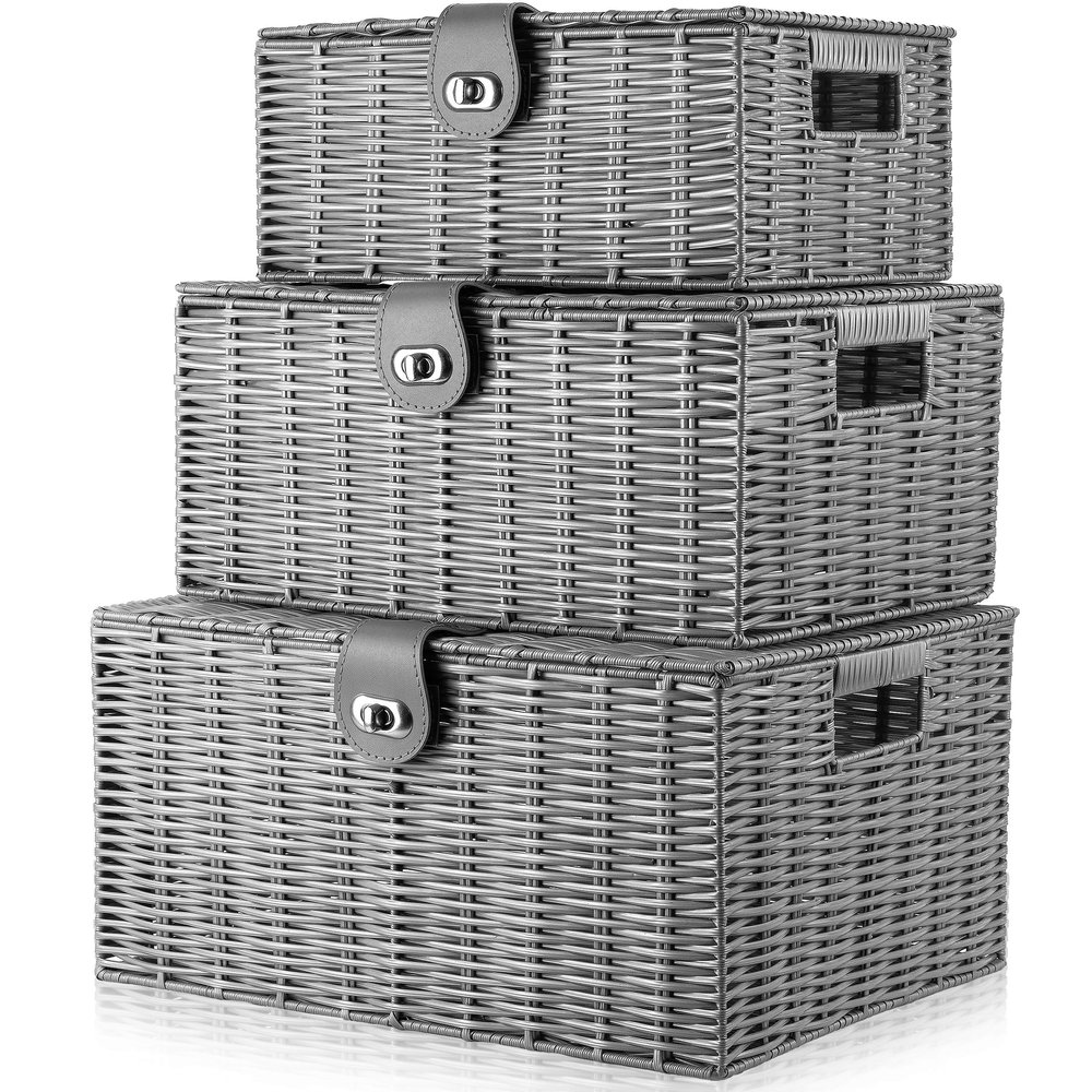 ARPAN Set of 3 Resin Woven Utility Storage Basket Box With Lid & Lock (Grey)