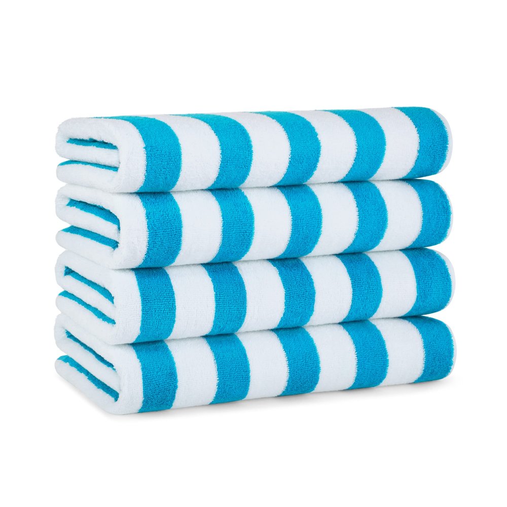 Arkwright Cali Cabana Stripe Beach Towel - Pack of 4, Soft Quick Dry 100% Cotton Terry Towels Set for Pool, Swim, and Hot Tub, 30 x 60 in, Blue