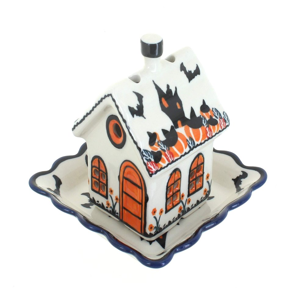 Blue Rose Polish Pottery - Orange Haunted House Luminary - 4.25" x 5" - Ceramic Halloween Candle Holder, Spooky Tabletop or Mantel Dcor