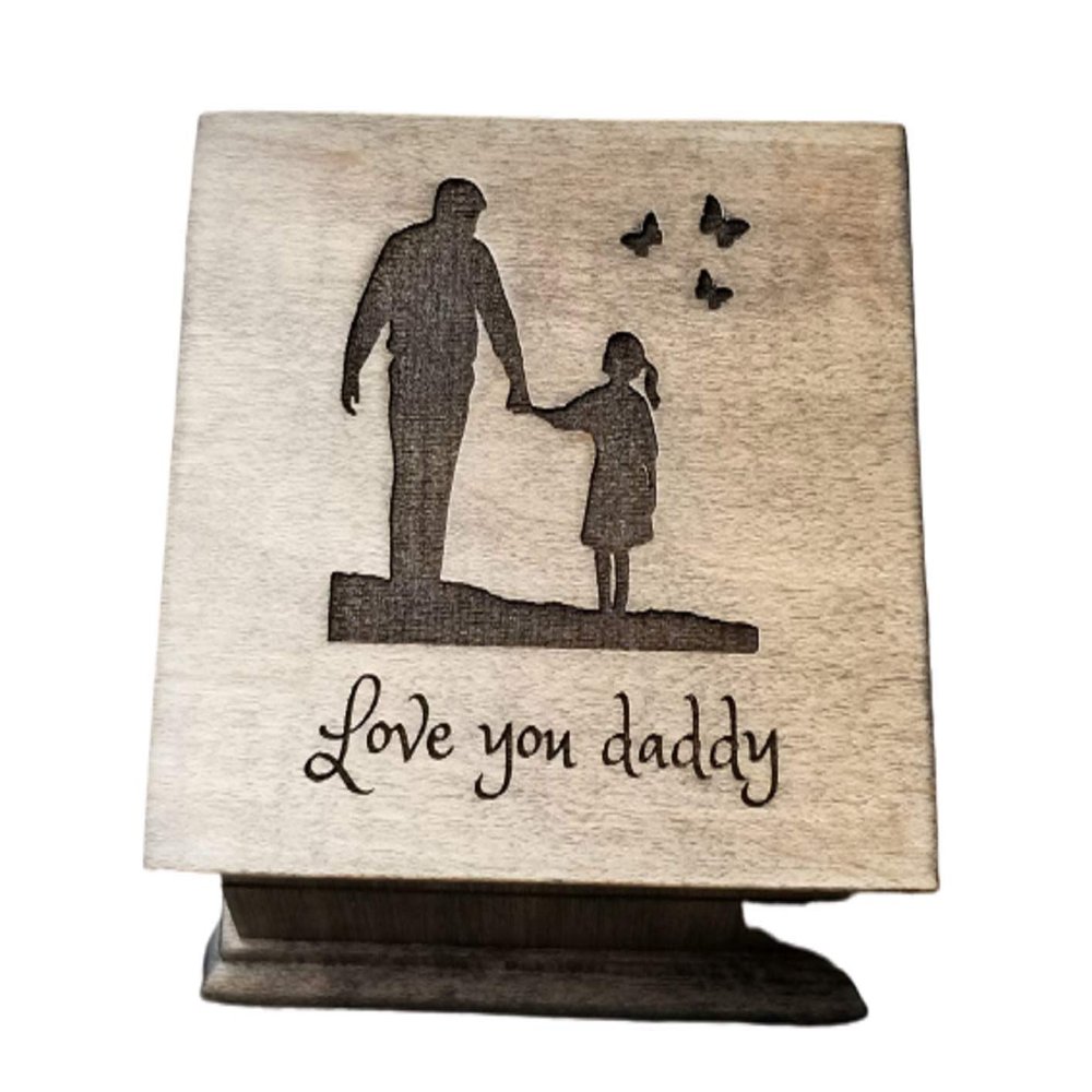 Wooden music box with a father and daughter image on the top, with your customized message on the bottom side of the box with your choice of color and song