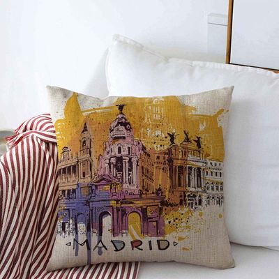 Throw Pillows Cover 18 x 18 Inches Blue Spain Madrid Tourism Sketch Metropolis Parks Yellow Painting Tourist Architecture Pop Toledo Cushion Case Cotton Linen for Fall Home Decor