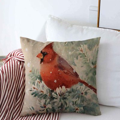 Staromar Throw Pillows Cover 18 x 18 Inches Red Christmas Winter Bird Hand Watercolor Animals Wildlife Holidays Scene Tree Fir Nature Cushion Case Cotton Linen for Fall Home Decor