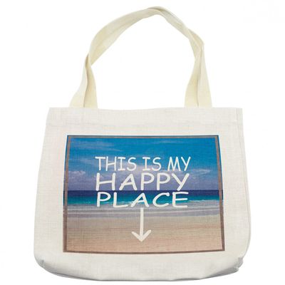 Ambesonne Saying Tote Bag, This is My Happy Place Typography on Ocean Horizon with Sky and Sandy Beach Print, Cloth Linen Reusable Bag for Shopping Books Beach and More, 16.5" X 14", Multicolor