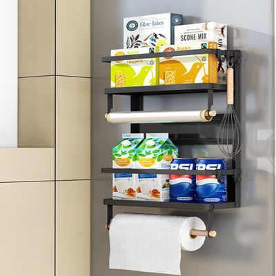 Foldable Refrigerator Organizer 4 Tier Magnetic Fridge Spice Rack Paper Towel Holder Multi-purpose Kitchen Storage Shelf Rustproof Spice Jars Holder, Black